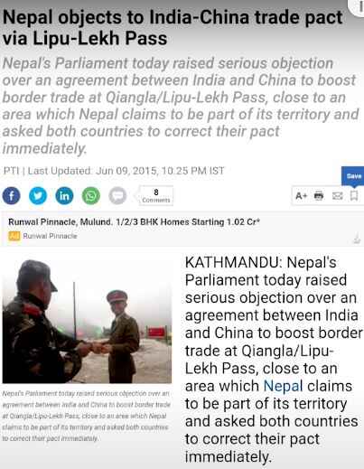 Nepal objects to India China Agreement